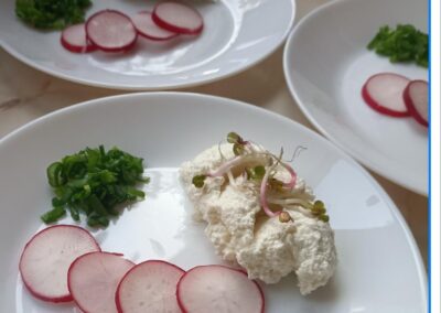 Talerze z plastrami rzodkiewki, twarogiem, kiełkami i posiekaną zieloną cebulką.